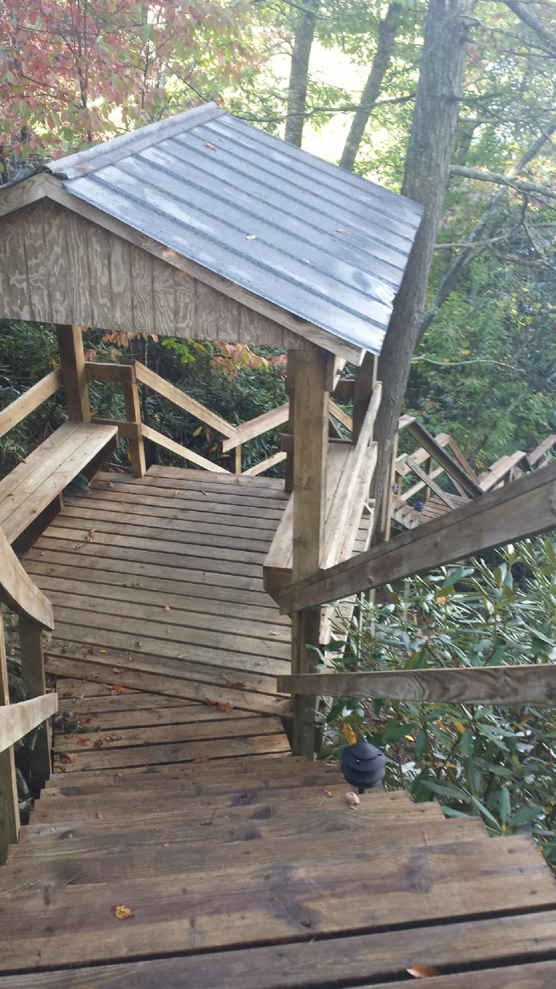 Metal roofed shelter over wooden steps on a wooded walkway — Skylight Repair & Installation work by our crew in Balaton